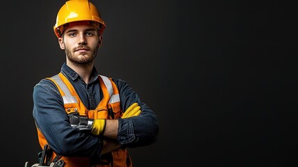 Confident Construction Professional - Portrait of a young construction worker in hard hat and safety gear against a dark background