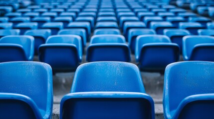 Naklejka premium Blue seats on the grandstand of the football stadium.