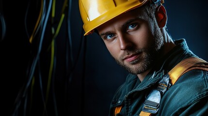 The  Skilled Electrician: Portrait of a confident electrician in safety gear, against a backdrop of wires, highlighting expertise in electrical work. 