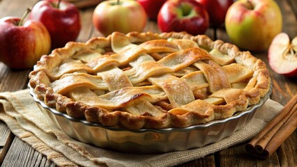 Closeup of a classic American apple pie with warm and inviting highlights on the flaky golden crust, apple, pie, dessert