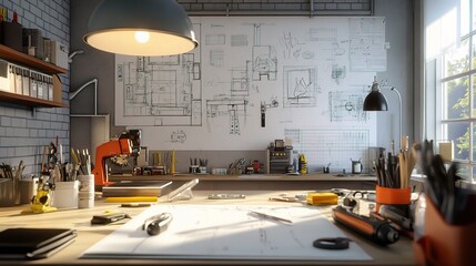 Architect's Vision: Sunlit drafting table brimming with blueprints and tools, embodying the creative energy of design and innovation.