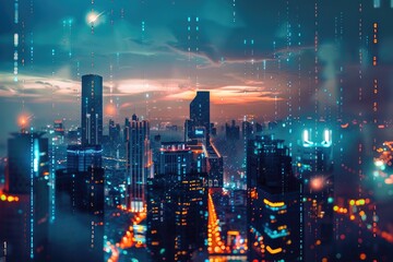 Cityscape at Dusk with Digital Rain and Binary Code