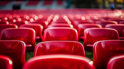 Obraz premium Red seats on the grandstand of the football stadium.