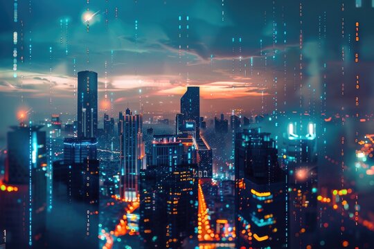Cityscape at Dusk with Digital Rain and Binary Code