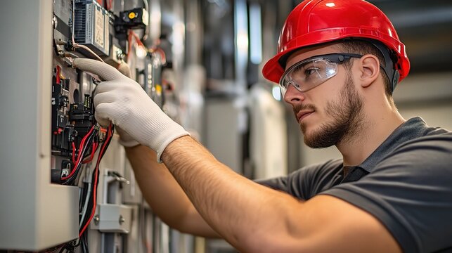 Electrical Expertise: A focused electrician in safety gear meticulously works on a circuit breaker panel