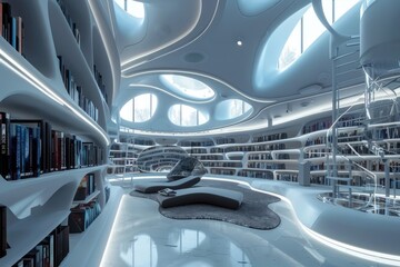 Obraz premium Futuristic Library Interior with Organic Architecture and Bookshelves
