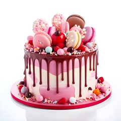 cream and chocolate cake, Pink chocolate cake on isolated  on white background,
