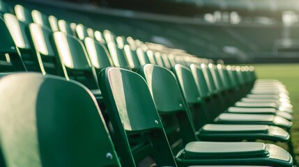 Fototapeta premium Green seats on the grandstand of the football stadium.
