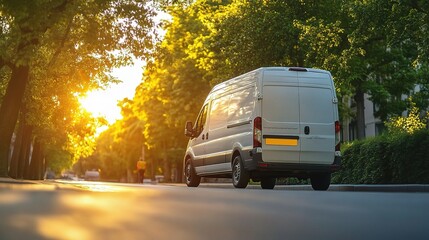 Golden Hour Delivery: A white delivery van cruises down a tree-lined street, bathed in the warm glow of the setting sun. 