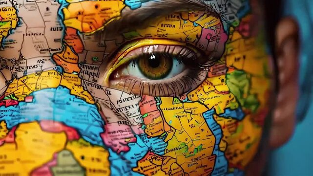 Close-up eye with world map painted on face.