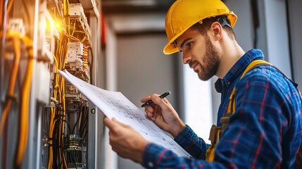 Electrician Inspecting Electrical Panel: A focused electrician in a yellow hardhat meticulously reviews blueprints, ensuring precision and safety in a complex electrical system.  