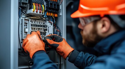 Electrical Expertise: An electrician meticulously connects wires in a power distribution board, showcasing his professional skills and the intricacies of electrical work.  
