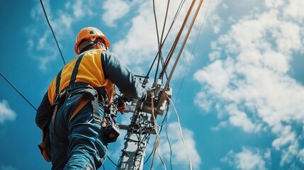 High Above It All: A lone lineman, harnessed and focused, works high atop a utility pole against a backdrop of a clear, blue sky with fluffy white clouds. 