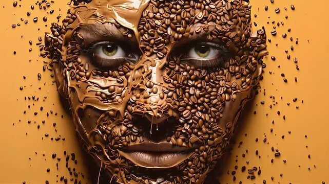 Close-up of a face covered in coffee beans and chocolate.