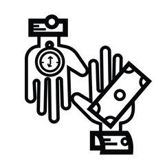 Time equals money. Hands, clock, and money icon illustration isolated on square white background. Simple flat outlined cartoon art styled drawing.