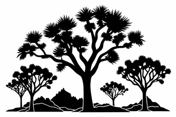 
Joshua tree, black silhouette of joshua tree, cacti, agaves, and prickly pear