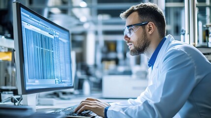 Precision Engineering in the Digital Age: A focused engineer analyzes complex data on a computer screen, highlighting the intersection of technology and innovation in a modern laboratory setting.  