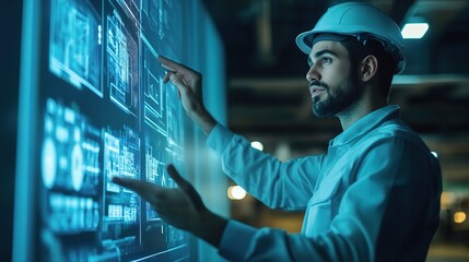 Industrial Automation: A focused engineer interacts with a futuristic holographic interface, showcasing the power of advanced technology in a modern industrial setting.  
