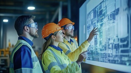 Engineering Innovation: A team of engineers wearing safety glasses and hard hats collaborate on a large digital screen, showcasing their expertise in a modern industrial setting. 