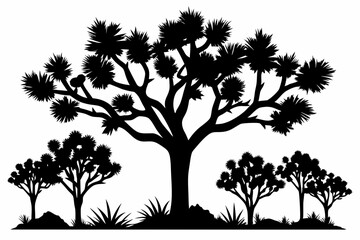 
Joshua tree, black silhouette of joshua tree, cacti, agaves, and prickly pear
