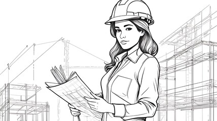 line drawing of a female engineer holding blueprints at a construction site