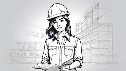 line drawing of a female engineer holding blueprints at a construction site