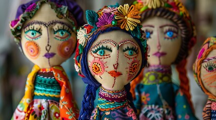 Handmade fabric dolls with embriodered faces and colorful clothing.