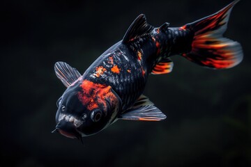 Closeup of a black and orange Koi fish swimming in a dark pond.