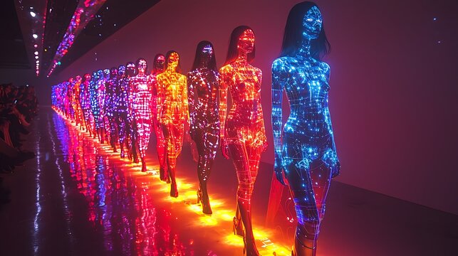 A futuristic fashion show with models wearing digitally projected garments on a neon runway 