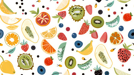 Seamless Watercolor Flat Lay Composition With Fresh Fruits With Leaves a Vibrant Pattern on a Plain Background Print for Textile, Packaging, Banner, Decor, Wrap, Fashion, Accessories, Web, Social.