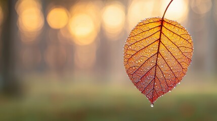 Obraz premium Serene Autumn Leaf Close-up with Dew Drops and Forest Background