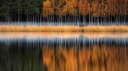 Serene Autumn Riverbank with Golden Reeds and Vibrant Trees Reflected in Calm Waters with Morning Mist
