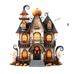 Halloween Nordic house Spooky Cartoon castle silhouette with pumpkin and bats against night sky