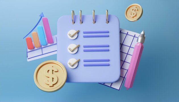 3D checklist a pen a graph and two coins are scattered on a blue background, 3D rendering