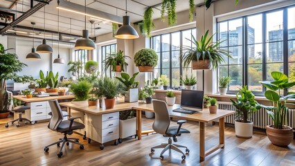 Cozy and inviting office atmosphere: A warm and welcoming office environment with plants, personal touches, and natural light, promoting creativity and well-being.