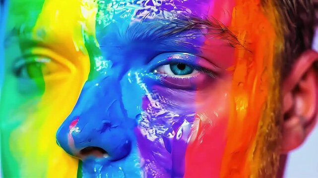Close-up of a man's face painted with vibrant colors, showcasing the blue eye.