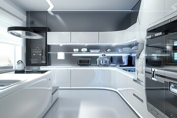 Modern White Kitchen with Curved Cabinetry and Built-in Appliances
