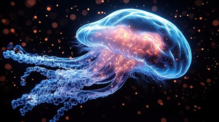 Artificial intelligence is symbolized by this neon blue digital artwork of a brain shaped like a jellyfish on a black backdrop. 3D Production