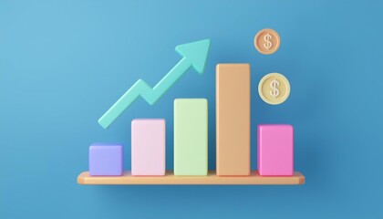 3D colorful bar graph shows growth and prosperity, 3D rendering
