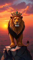 Majestic Lion with Jewel-Encrusted Crown Overlooking Savannah at Sunset - Cartoonish Style
