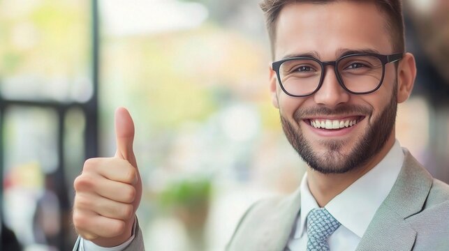 Confident Businessman Thumbs Up: A young, handsome businessman in a modern office setting exudes confidence and positivity with a bright smile and a thumbs-up gesture. 