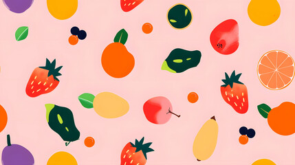 Seamless Watercolor Flat Lay Composition With Fresh Fruits With Leaves a Vibrant Pattern on a Pink Background Print for Textile, Packaging, Banner, Decor, Wrap, Fashion, Accessories, Web, Social.