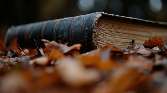 Vintage Book on Autumn Leaves Bed with Soft Natural Light Highlighting Warm Tones and Texture