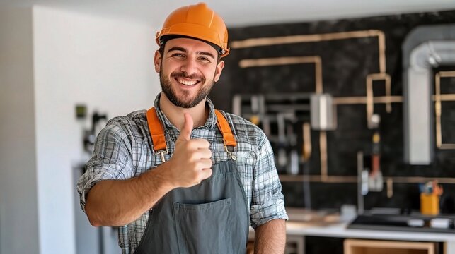 The Reliable Handyman: A cheerful plumber in his element, flashing a thumbs-up, assures quality and expertise for your home repair needs.
