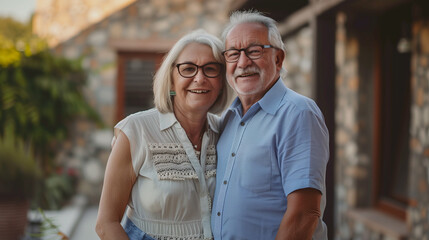 Portrait of happy smiling mature older family couple new property buyers modern dream luxury villa owners standing outside house, affectionate senior middle aged man and woman in love hugging outdoor
