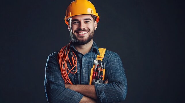 Confident Electrician: A portrait of a skilled and confident electrician, wearing a yellow hard hat and safety harness, exuding a sense of expertise and reliability.