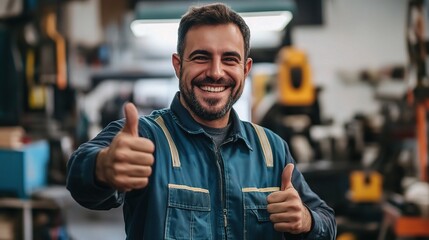 Mechanic's Approval: A cheerful mechanic in his workshop, beaming with pride as he gives two thumbs up, showcasing excellent service and customer satisfaction.  