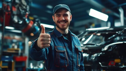 Expert Mechanic's Approval: A confident mechanic in a repair shop gives a thumbs up, signifying a job well done. 