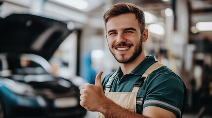 Confident Mechanic Thumbs Up: A young mechanic in his element, flashing a confident thumbs-up with a warm smile in a bustling auto repair shop.  - Powered by Adobe