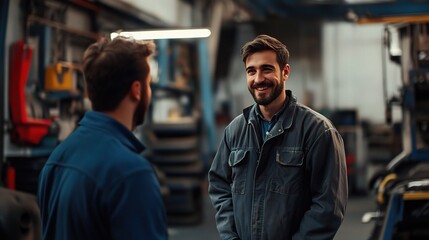Obraz premium Workshop Camaraderie: Two mechanics in blue coveralls engage in a friendly conversation, showcasing the bonds forged through shared expertise and collaboration in a bustling industrial setting. 
